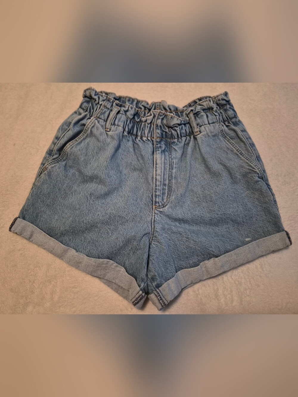 Paperbag High-Rise Denim Shorts in Light Blue